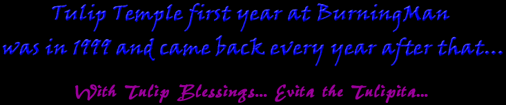 Tulip Temple first year at Burningman was in 1999 and came back every year after that...